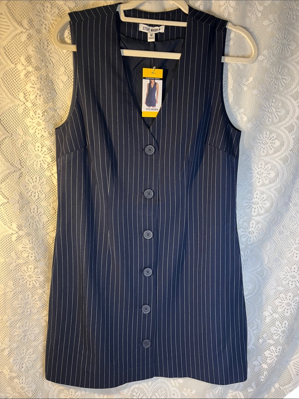 Steve Madden Navy Pinstripe Lined Button Front Mini Dress NWT M
